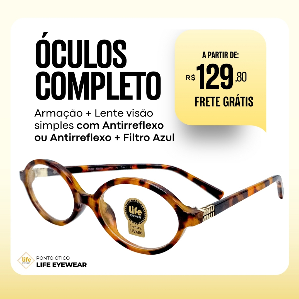 Óculos de Grau Feminino Oval em Acetato Várias Cores + Lentes Antirreflexo para Miopia, Hipermetropia e Astigmatismo.