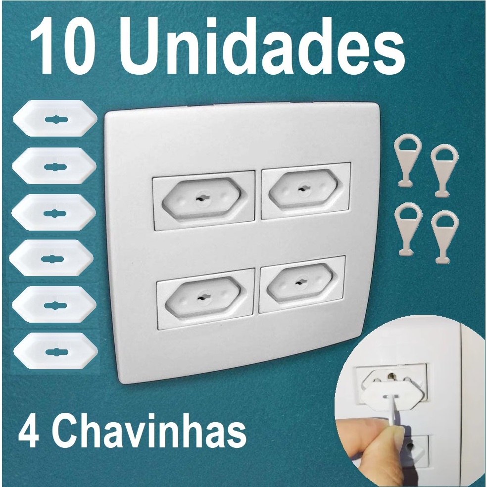 Kit 10 Protetores de Tomada e 4 Chavinhas Branco Antichoque Bebê Segurança em Oferta na Shopee