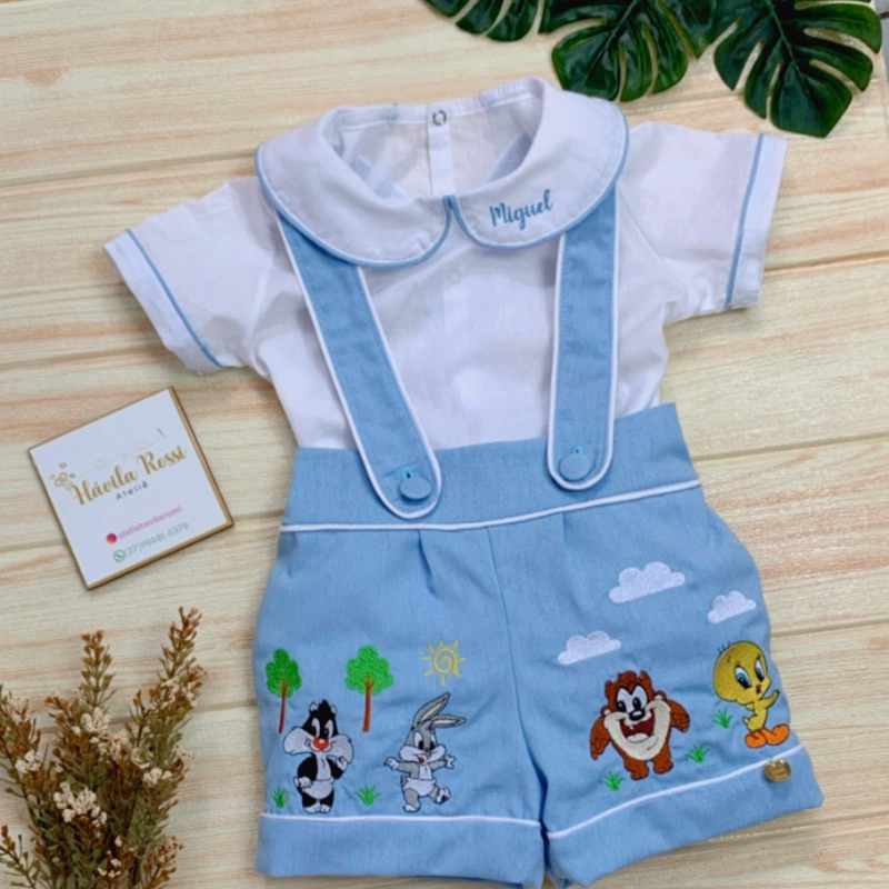 Conjunto suspensório baby looneytunes /conjunto infantil personalizado /conjunto para aniversario / conjunto para menino