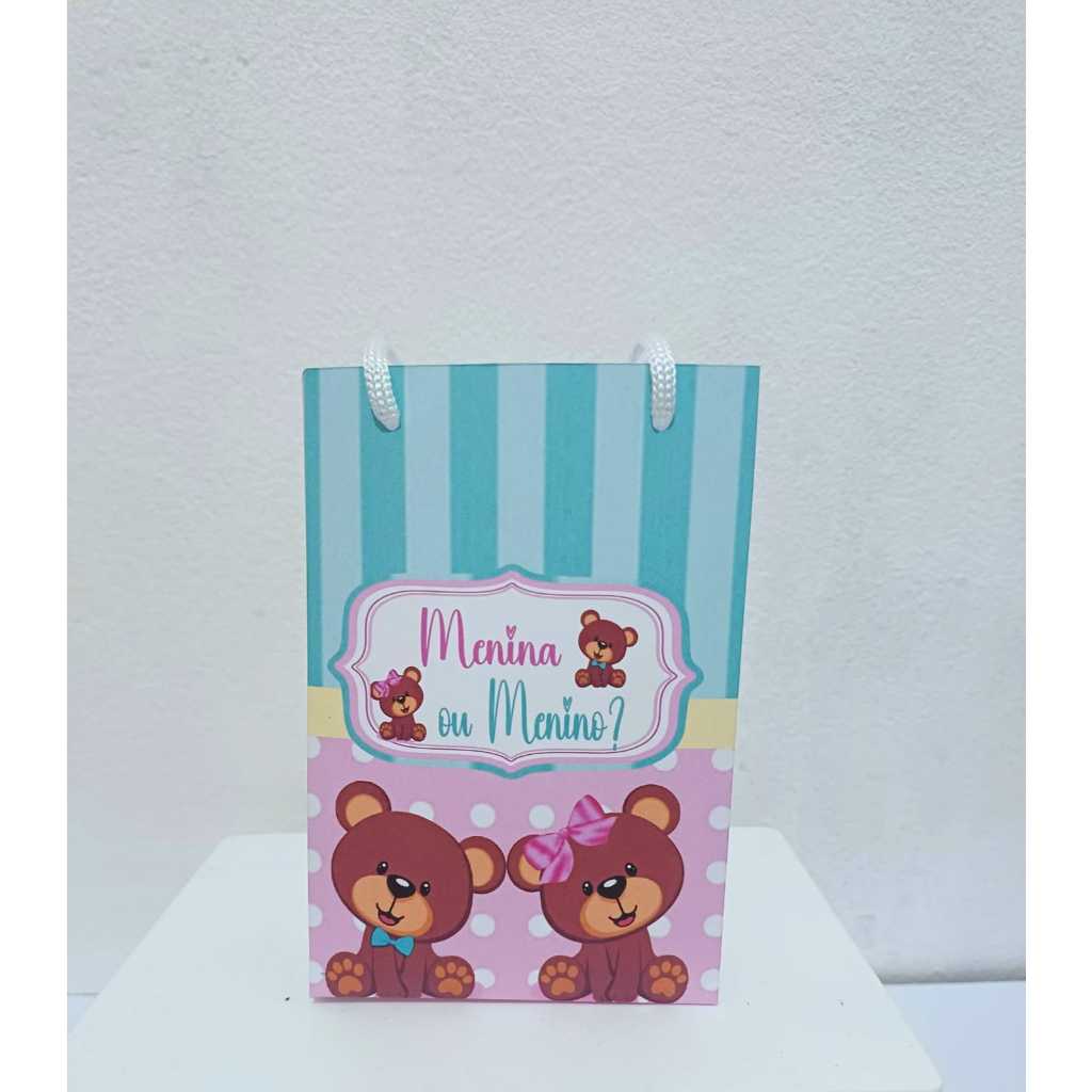 Sacolinha Personalizada com nome 13x20 Chá Revelação Ursinhos Baby Lembrancinhas