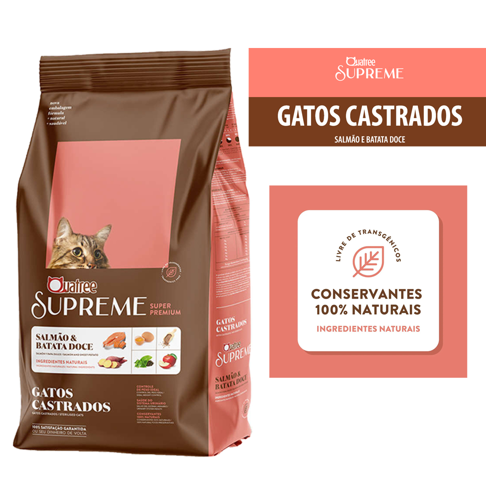 Ração Quatree Supreme Gatos Castrados sabor Salmão e Batata Doce 10.1 Kg