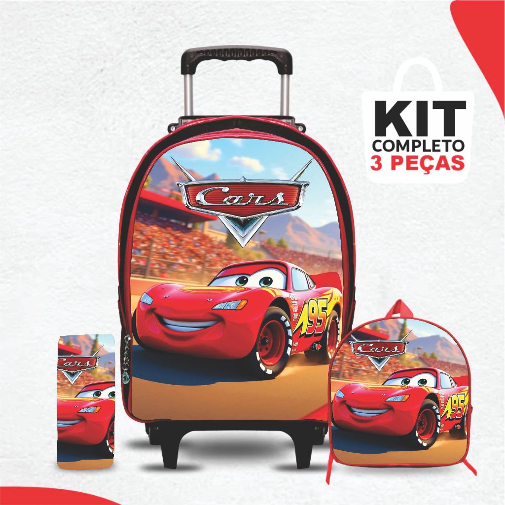 Kit mochila escolar Carros com lancheira e Estojo - com Rodinhas - Menino -Masculino
