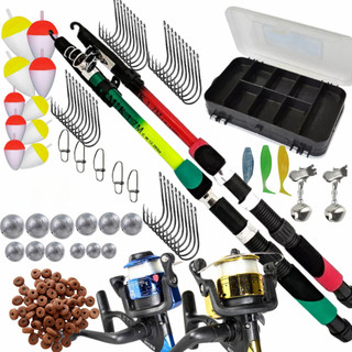 KIT PESCA PESQUEIRO COMPLETO 2 VARAS 2 MOLINETES ESTOJO COM ANZOL BOIA CHUMBADA ISCA MOLA E SINO