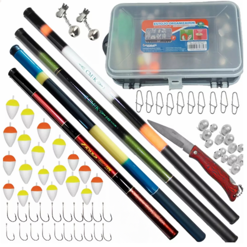 Kit Pesca 4 Varas Telescópica resistente Caixa Pesca Anzol Chumbada Boia Sino kit completo rios lagos pesqueiro tilápia