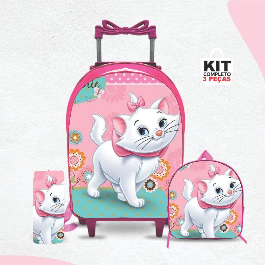Kit mochila escolar Gata Marie com lancheira e Estojo - com Rodinhas - Menina-Feminino
