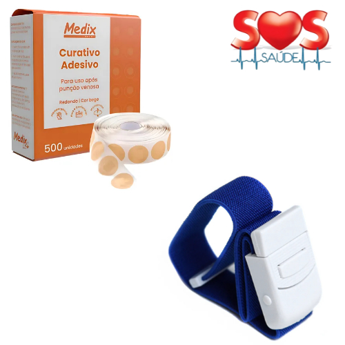 Kit Curativo Adesivo Redondo/Bege após Punção Venosa CX C/ 500 Und. + Garrote Adulto C/Trava Azul 45x25 mm
