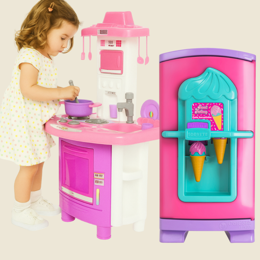 Kit Cozinha Infantil Completa Fogãozinho Completa + Geladeira Sorvetinho com acessórios