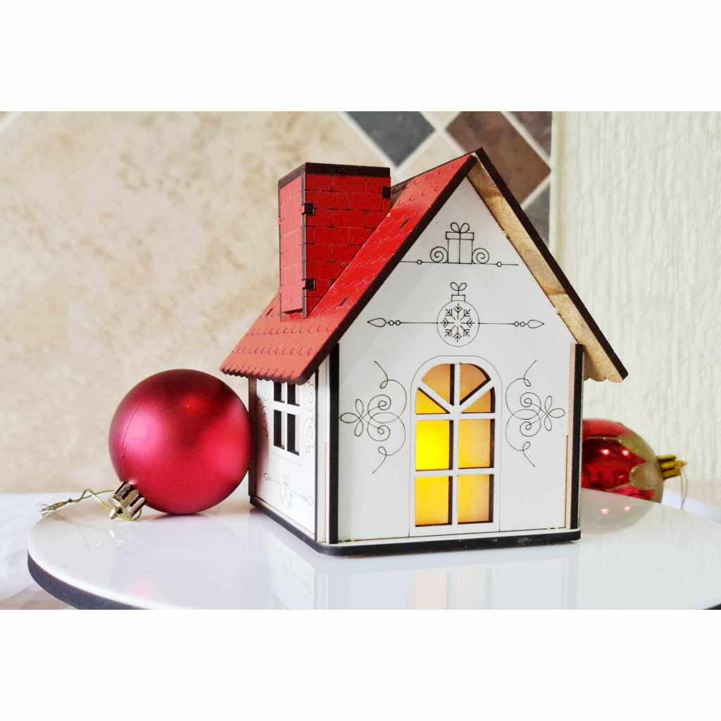 Casinha de natal em mdf branco e vermelho com iluminação a led em Oferta na Shopee