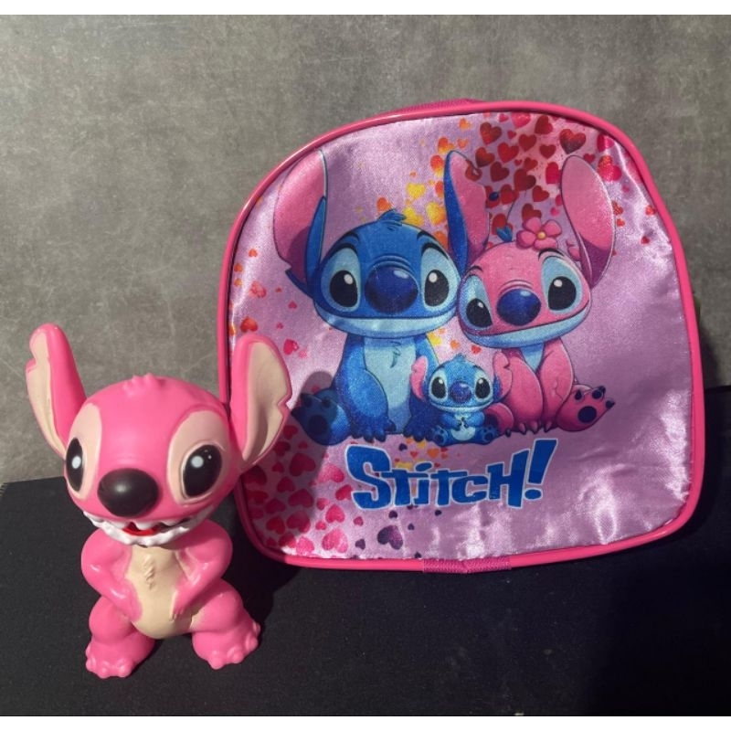 kit mochila lancheira e um boneco angel Stitch rosa em Oferta na Shopee