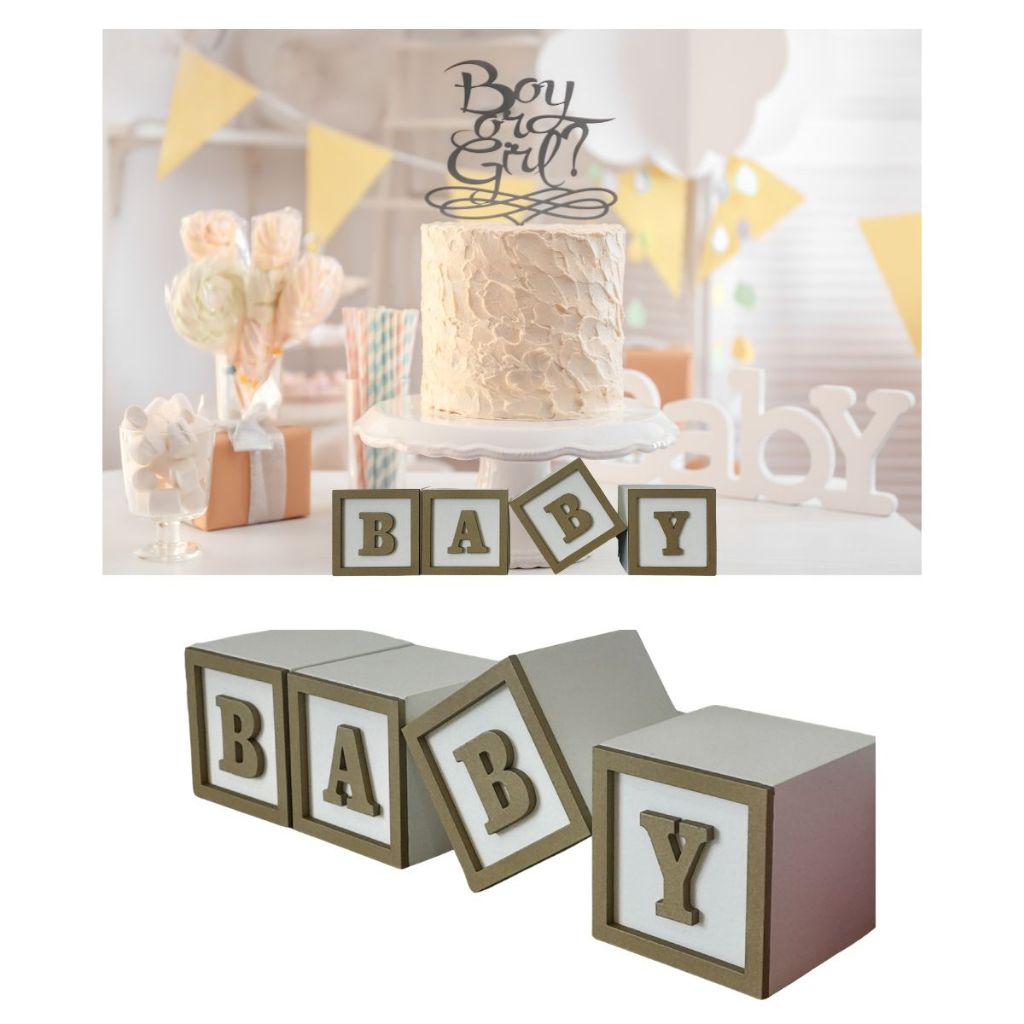 Kit Cubos Baby MDF Branco com Letras Douradas – Decoração Chá de Bebê, Chá Revelação, Maternidade