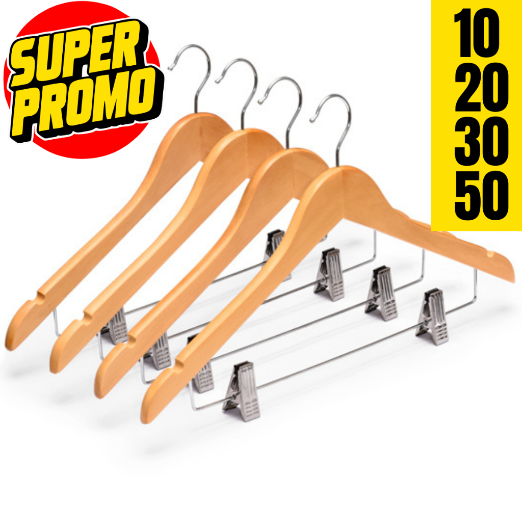 Cabides de Madeira Premium Com Presilha De Aço Antideslizante Organização Closet Kit 10/20/30/50 em Oferta na Shopee