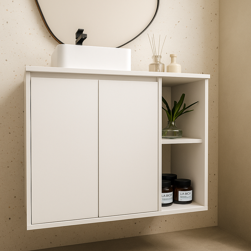 Gabinete de Banheiro Suspenso Branco Com Nicho Minimalista 70cm