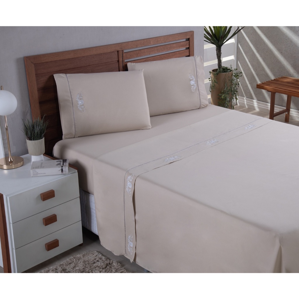 JOGO DE LENÇOL CAMA CASAL 4  PEÇAS DETALHES BORDADO LENÇOL DE ELASTICO LENÇOL DE CIMA E FRONHAS