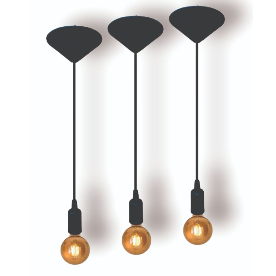 Kit 3 Fio Pendente Lustre Luminária de Teto Retrô Soquete Liso E27 Cabo PP Preto 1mt