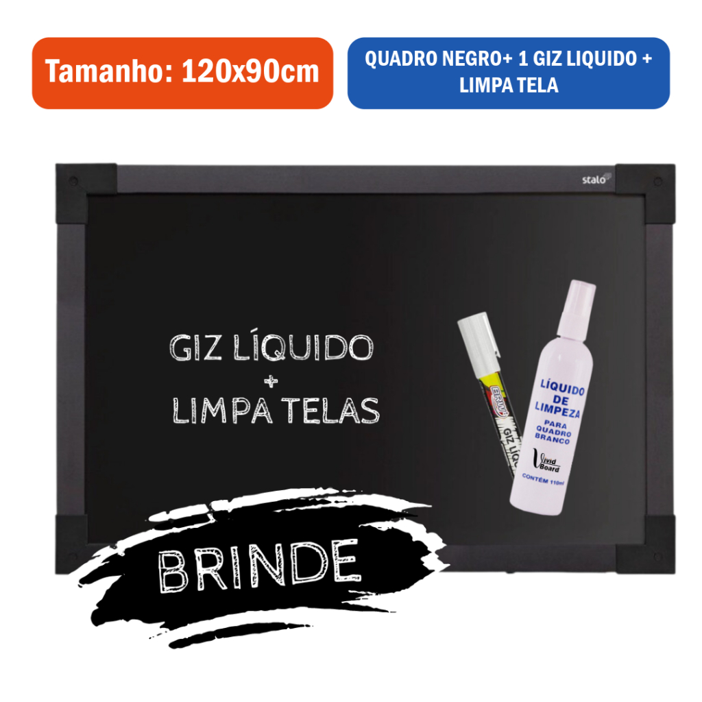 Lousa Quadro Negro UV 120x90cm Moldura Soft Stalo + Giz Liquido + Limpa Telas de Brinde