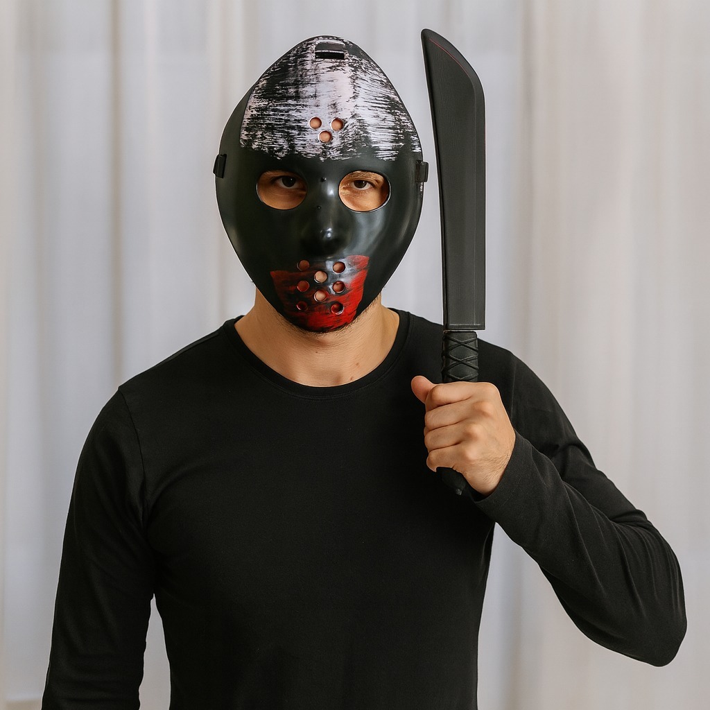 Fantasia Halloween Kit Máscara Horror Jason e Facão Acessórios Cosplay