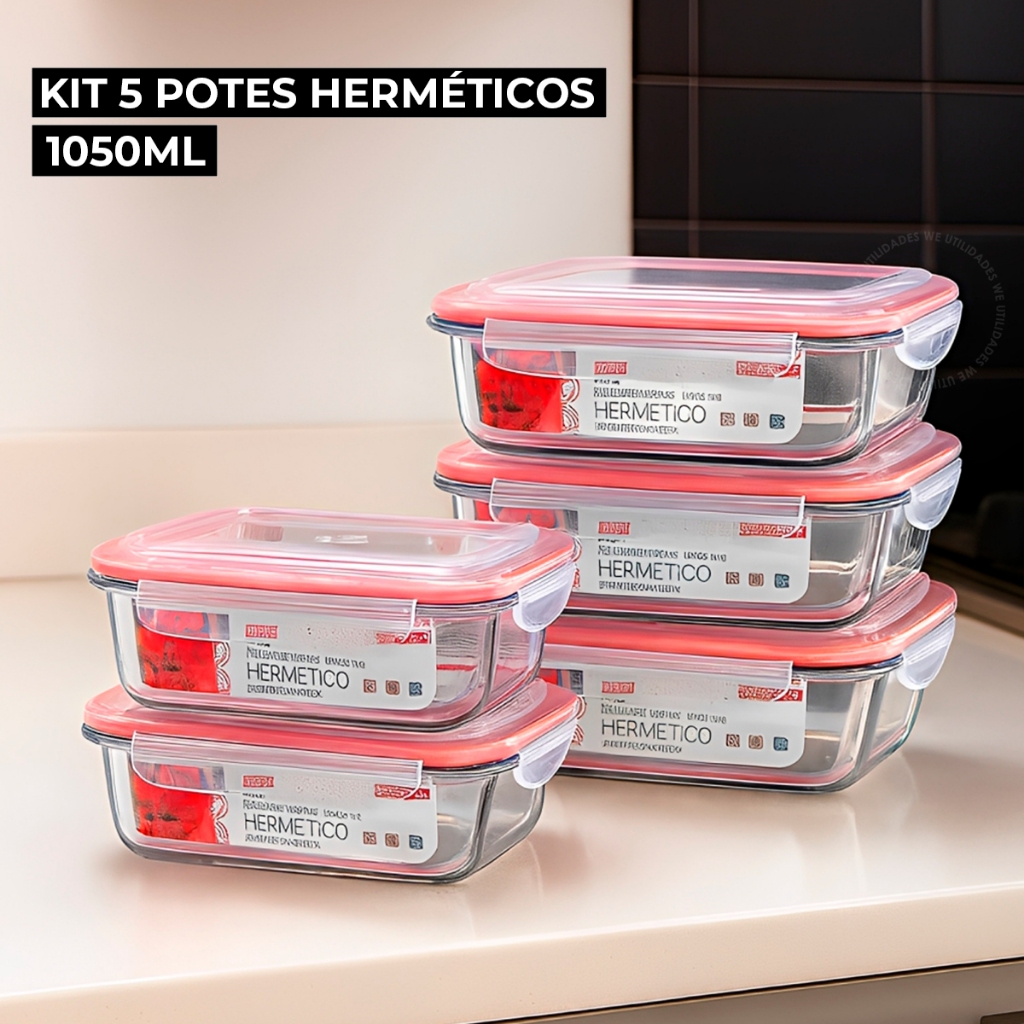 Kit 5 ou 2 Potes De Vidro Hermético Grande Marmita Tampa Silicone 1050ml em Oferta na Shopee