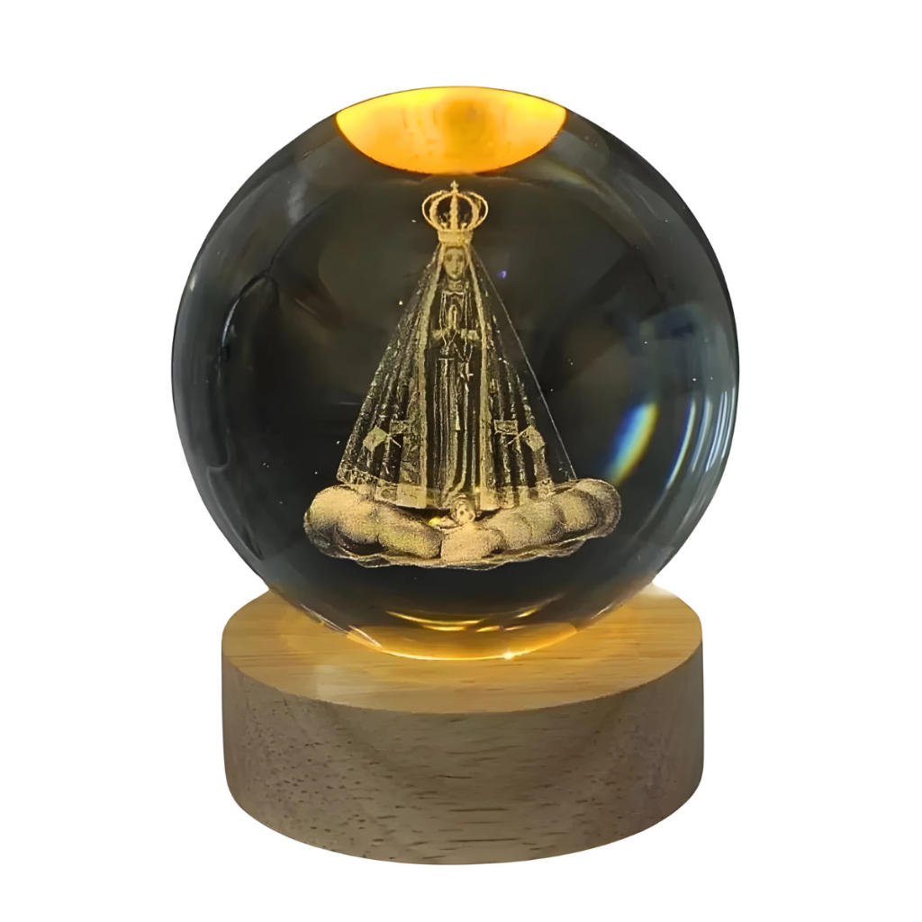 Luminária de Mesa Bola de Cristal Abajur de Mesa Luminária Nossa Senhora Aparecida Madeira Moderna
