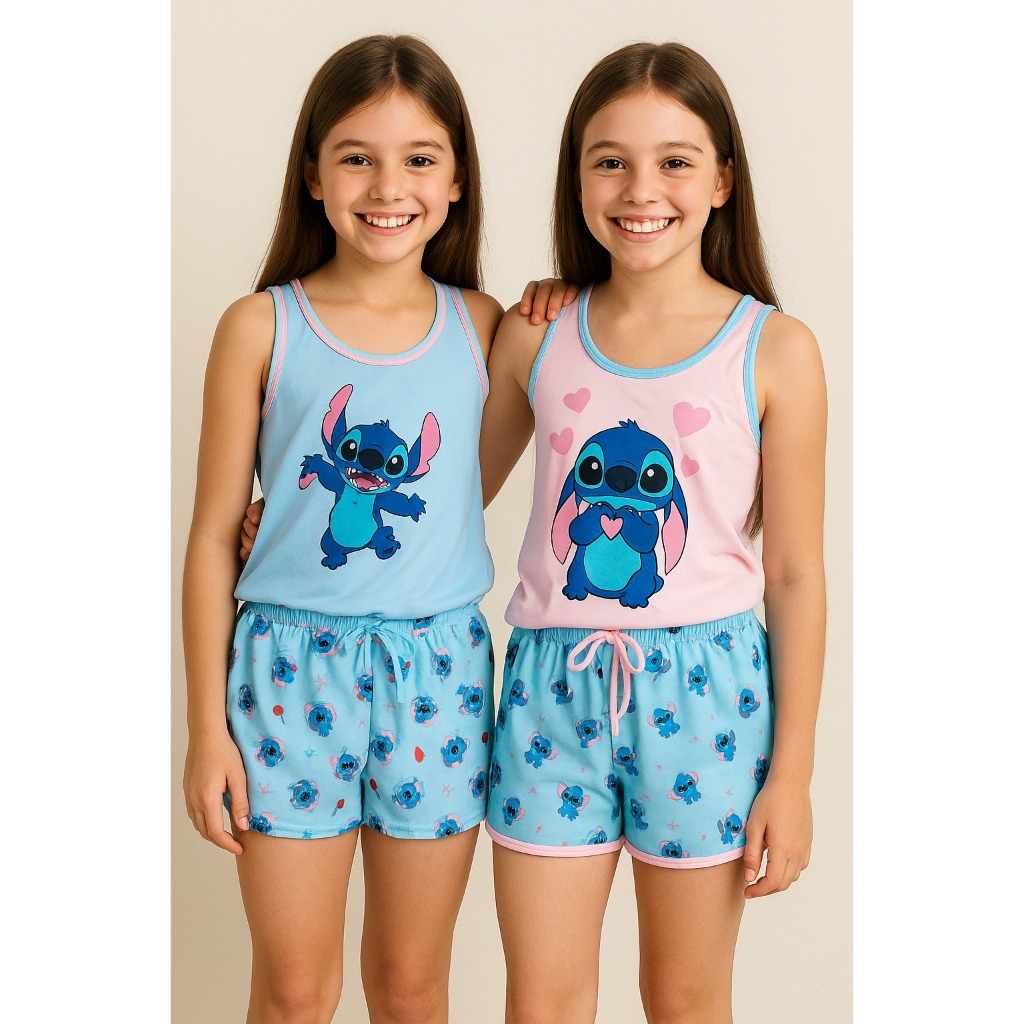 Kit Pijamas Babydools Infantil Stich Rosa Verão Azul Menina Estampado Irmãs Regata Short