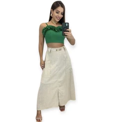 Saia Longa Feminina Linho Forrado Cintura Alta Casual Moda Evangelica Têndencia 2025