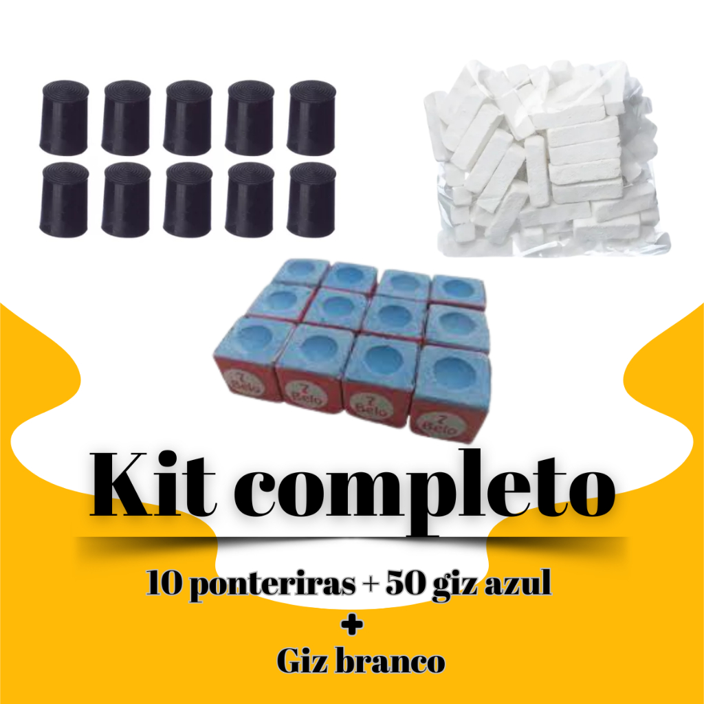 Kit Bilhar/Sinuca - 500g Giz Branco + 50 uni. de giz Azul 7 Belo + 10 Virolas Ponteiras Para Taco