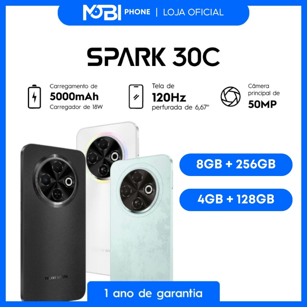 Celular Smartphone Tecno SPARK 30C 4+128GB / 8+256GB Câmera Quatro Traseira 50MP bateria 5000 mAh