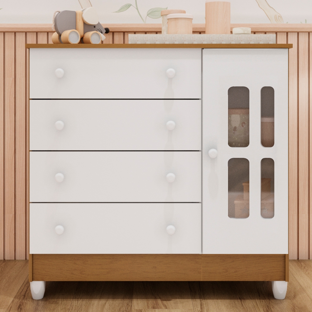 Cômoda Infantil 4 Gavetas com Porta Fraldário Ariel 100% MDF Branco Bétula