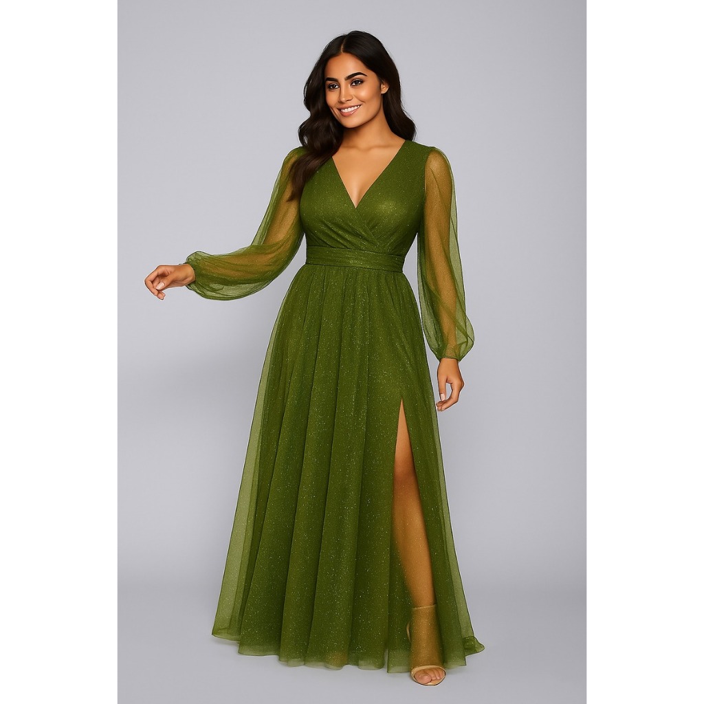 Vestido Longo Casamento Tule Brilho Com Manga E Fenda