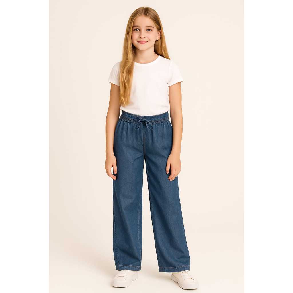 calça pantalona jeans infantil elástico no cós em Oferta na Shopee