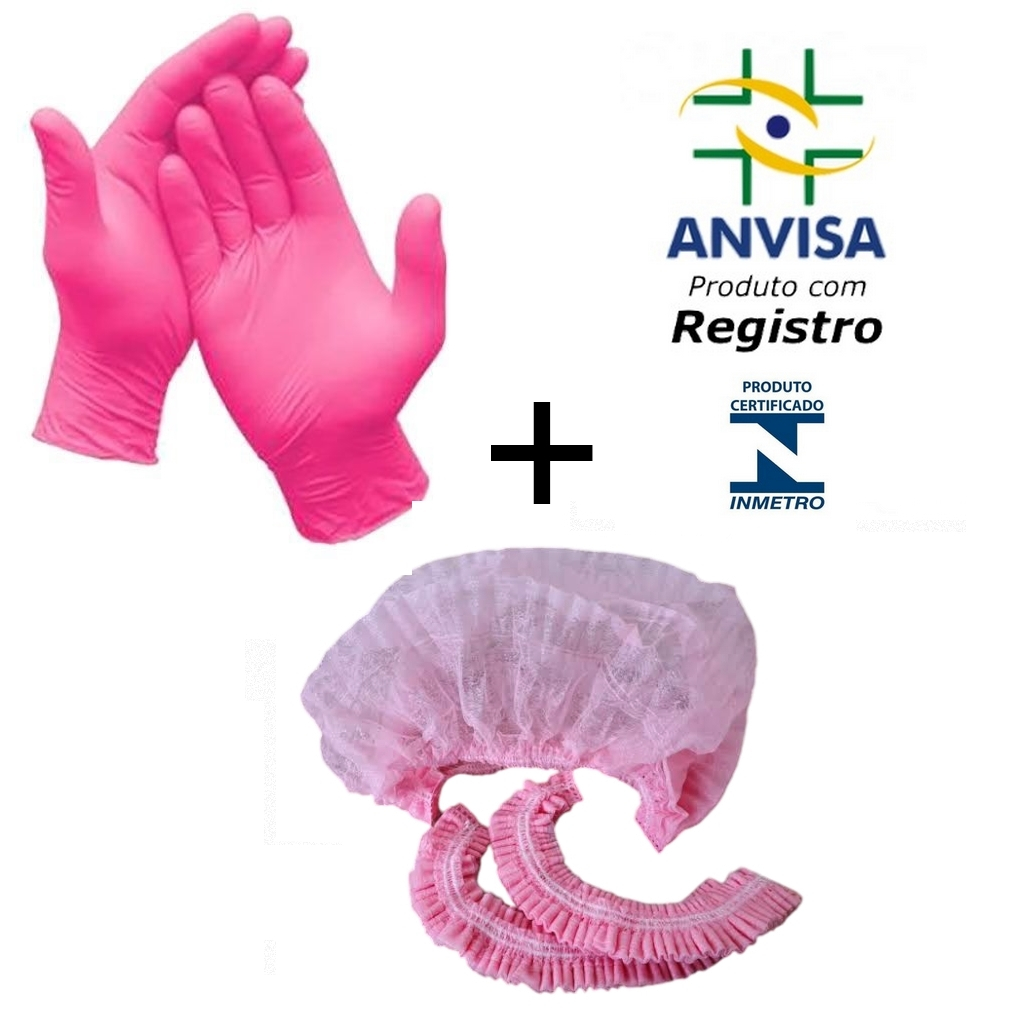 Kit Luva Nitrílica + Touca Descartável  Rosa TNT com registro ANVISA