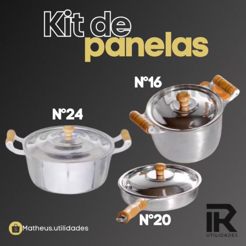 Kit panela nº24 + frigideira nº20 + caldeirão nº16 em alumínio batido grosso