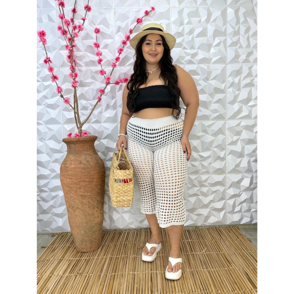 Saída de Praia Calça Capri PLUS SIZE de Furão em Tricot em Oferta na Shopee