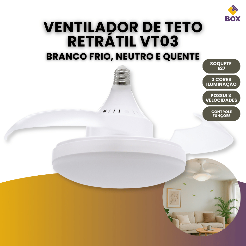 Ventilador de Teto Retrátil com Luz Ajustável Silencioso Controle Remoto Moderno VT03