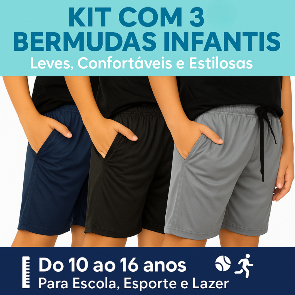 Kit 3 Bermudas Infantil Masculina 10 a 16 | Escola, Esporte e Lazer em Oferta na Shopee