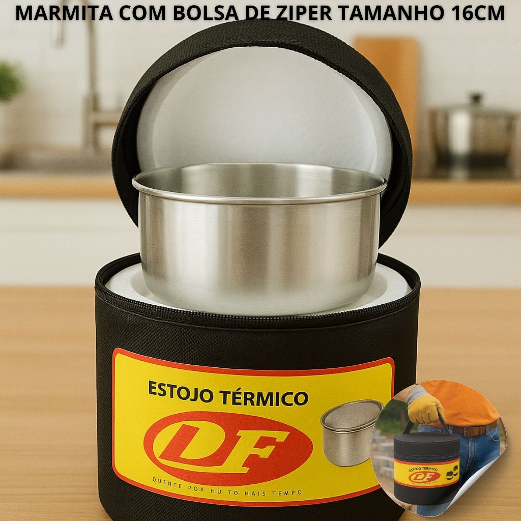 kit 1 uni Marmita Térmica Alumínio com Estojo Isopor Tnt Preta ziper, Capa, alça reforcados Ideal Trabalho e Passeios