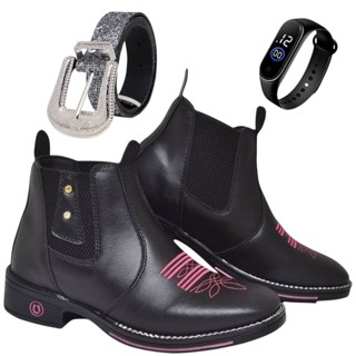 Kit 3 Em 1 Bota Botina Feminina Country Texana Bordada + Cinto Country Pedraria + Relógio Digital em Oferta na Shopee