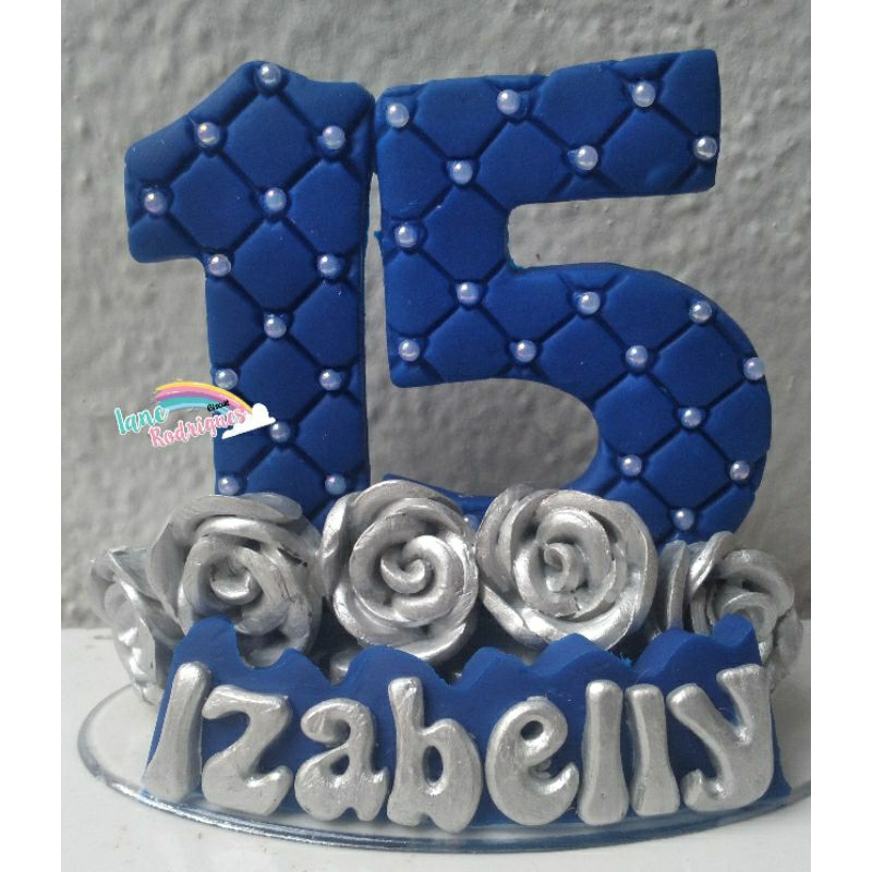 vela em biscuit personalizada 15 anos-azul marinho com prata dourado flores azul Royal azul caneta