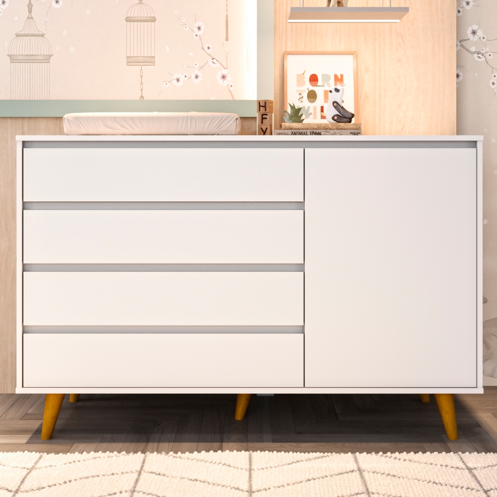 Cômoda Infantil Pé Palito 4 Gavetas com Porta Fraldário Gran Lorena 100% MDF Branco em Oferta na Shopee