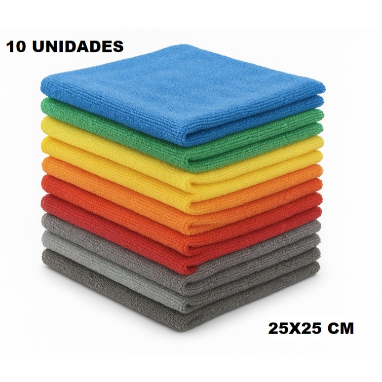 Kit com 10 Panos de Microfibra para Limpeza  25x25 Alta Absorção Multiuso