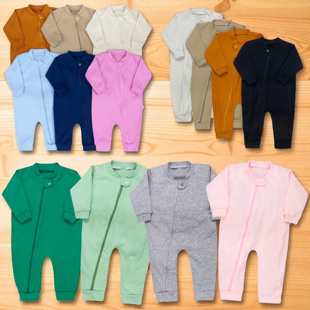 Macacão Longo Bebê Suedine 100% Algodão com Zíper – Menina Menino Enxoval Maternidade Roupas