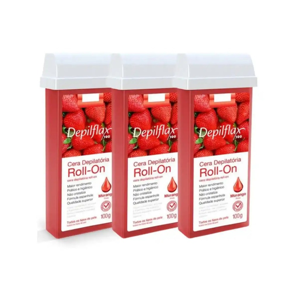 Cera Refil Roll On Depilflax Morango Kit com 3 Unidades 100g