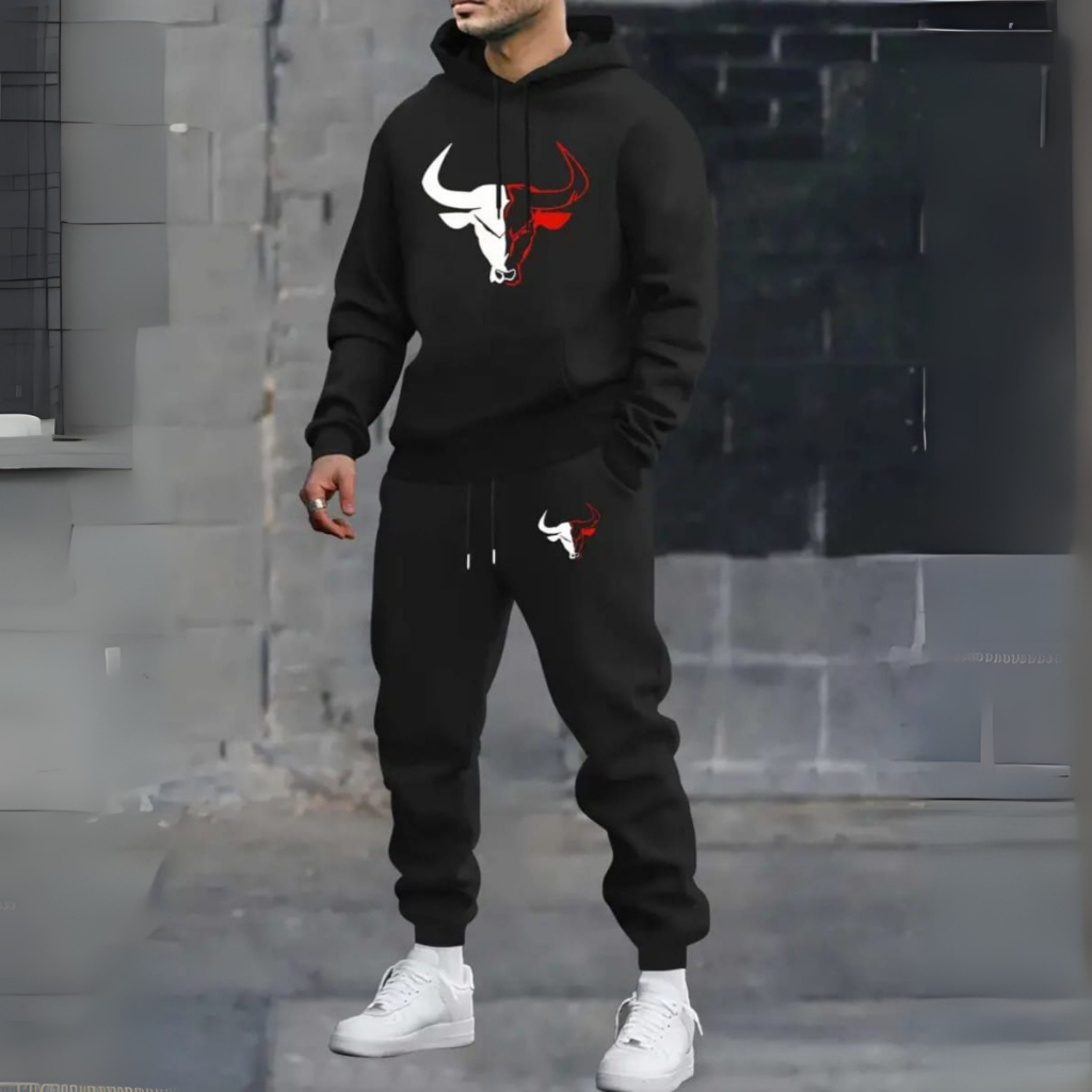 Conjunto 2 Peças Calça Jogger + moletom blusa de Frio Flanelado Quentinho Estampa Cabeça de Touro