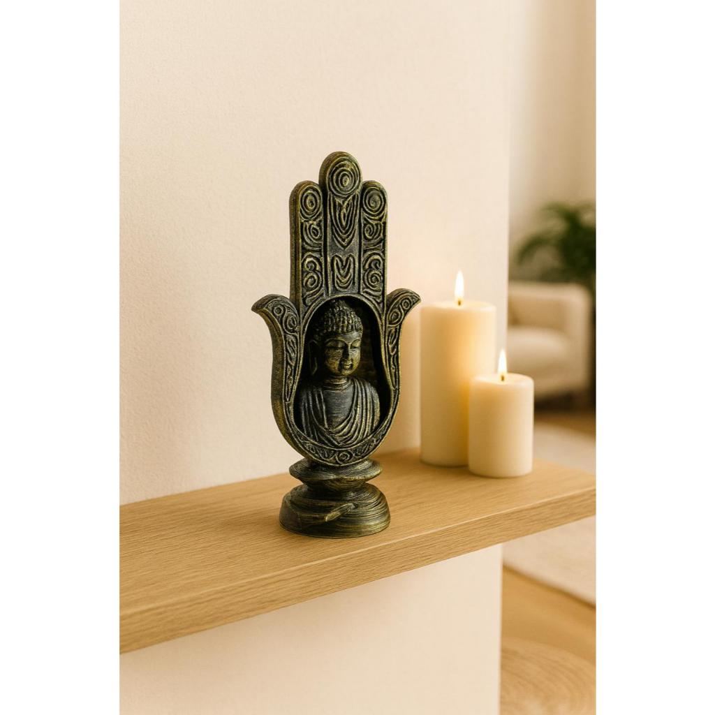 Imagem Buda na Mão de Hamsá Decorativa | Estátua Zen Espiritual para Meditação, Proteção e Harmonia | Decoração Mística