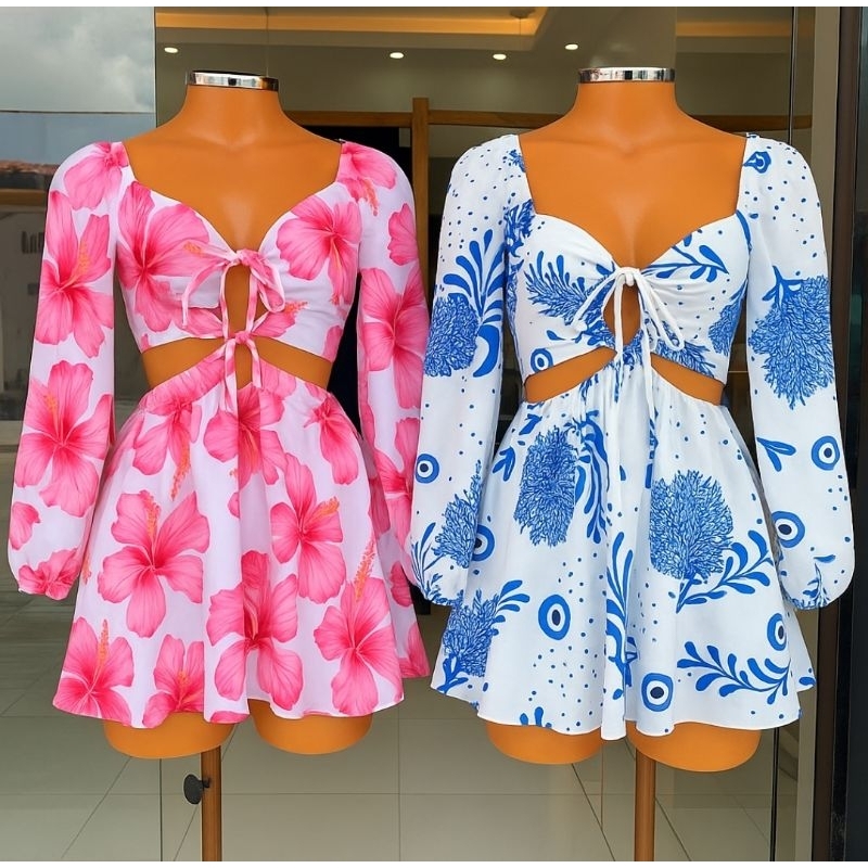 Vestido Feminino alfaiataria  Manga Longa Vazado Short Saia Crepe Floral estampa vestido floral