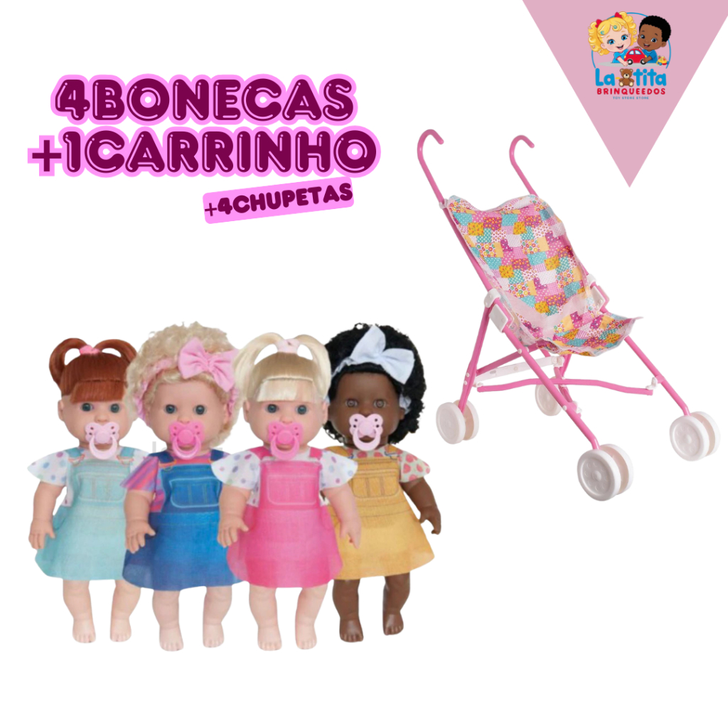 4 Bonecas Negra Boneca Loira Boneca Com Carrinho Mamadeira e Chupeta