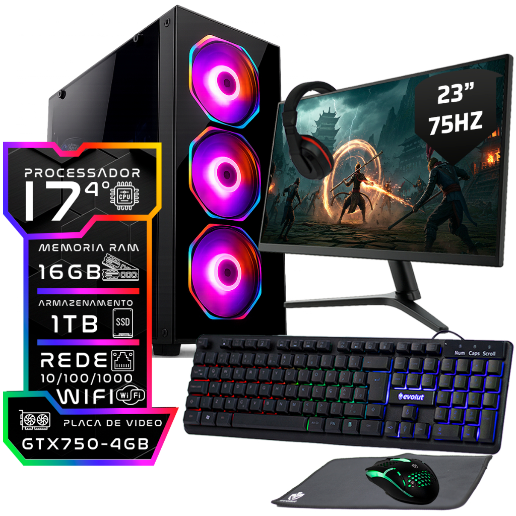 Computador Gamer Intel I7 4°ger 16gb Ssd 1tb Monitor 23 500w Placa 4gb