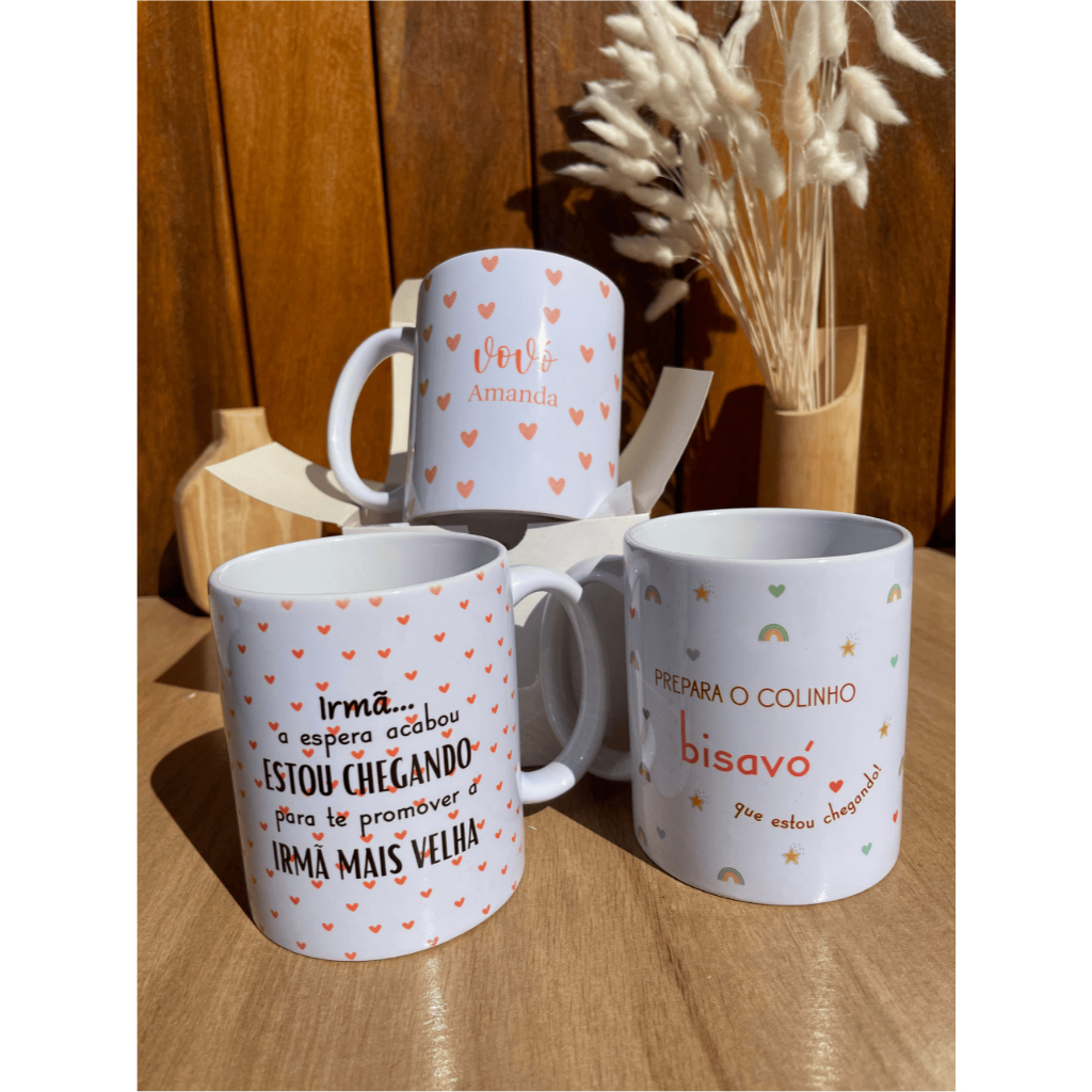 CANECA PERSONALIZADA CHÁ REVELAÇÃO, AVÔ, TITIO, IRMÃ MAIS VELHA.