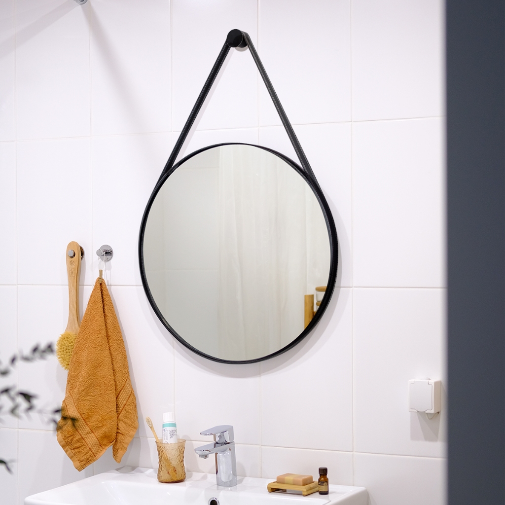 Espelho Decorativo Escritório Alça Em Couro 60cm + Suporte em Oferta na Shopee