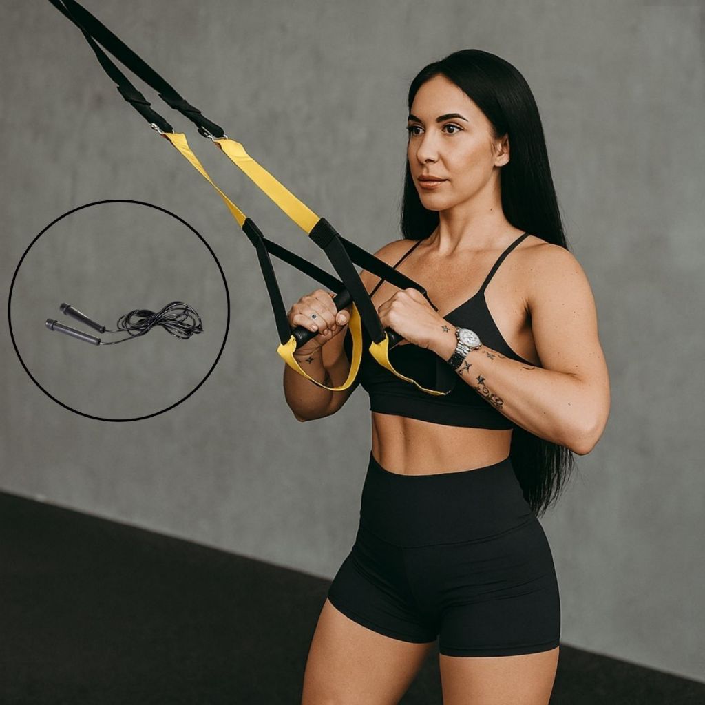 Kit Fitness Fita de Suspensão TRX Ajustável + Corda de Pular Treino Funcional Yoga Pilates e Fisioterapia