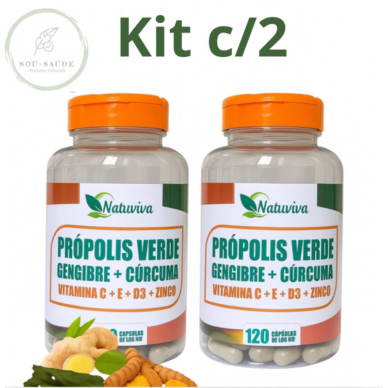 kit 2 unidades Própolis verde com gengibre e cúrcuma - 120 cápsulas - Vitamina C, E, D3 e Zinco